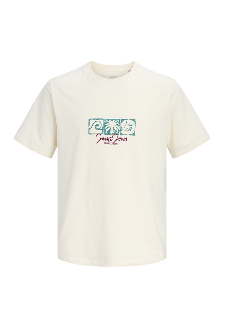 Tricou de bumbac organic cu imprimeu - Alb fildes/Turcoaz