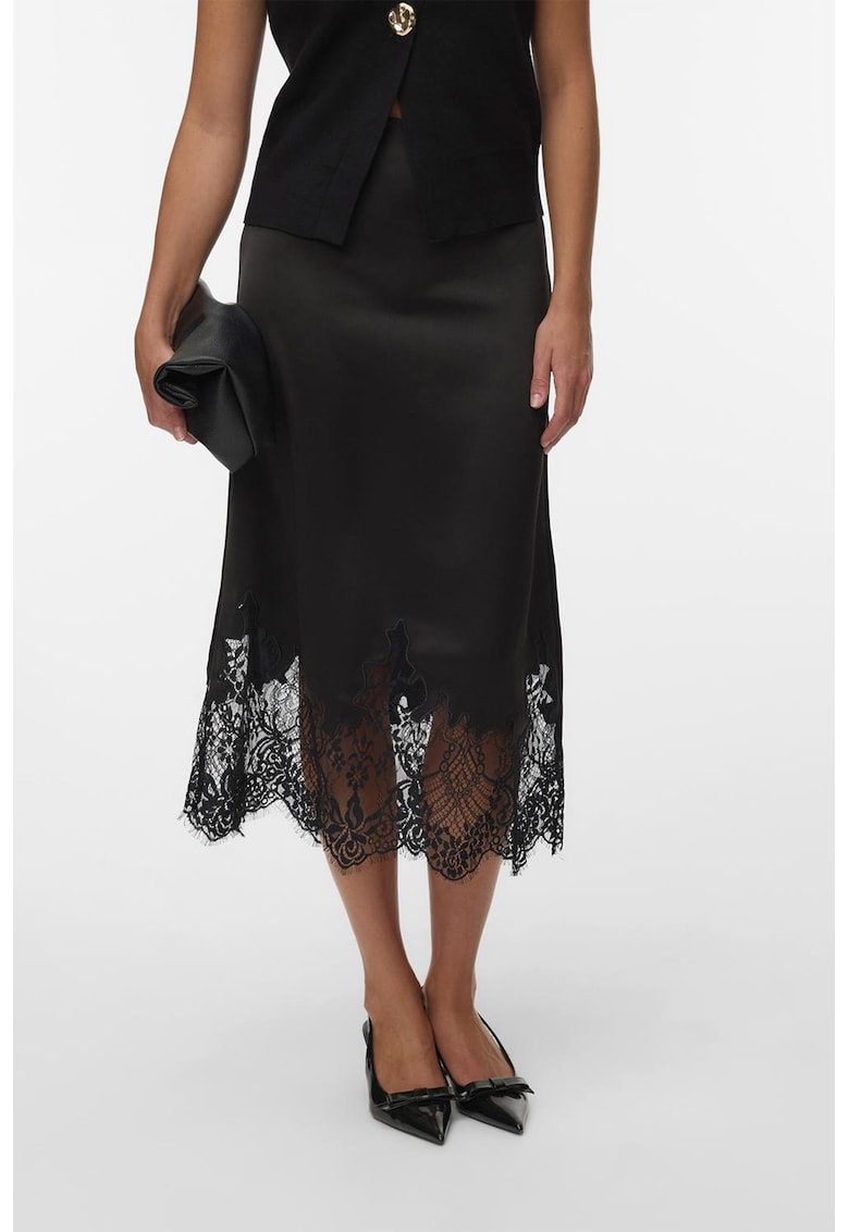 Fusta midi de satin si dantela - Negru