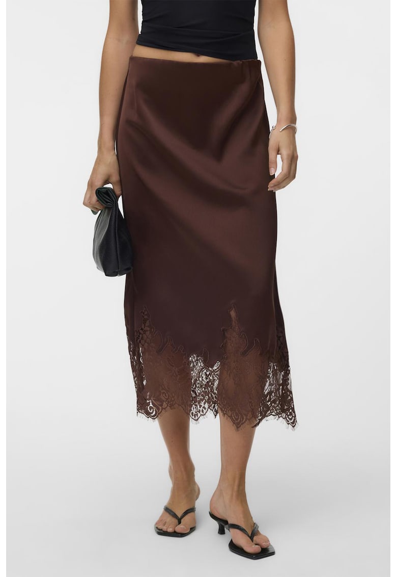 Fusta midi de satin si dantela - Maro inchis