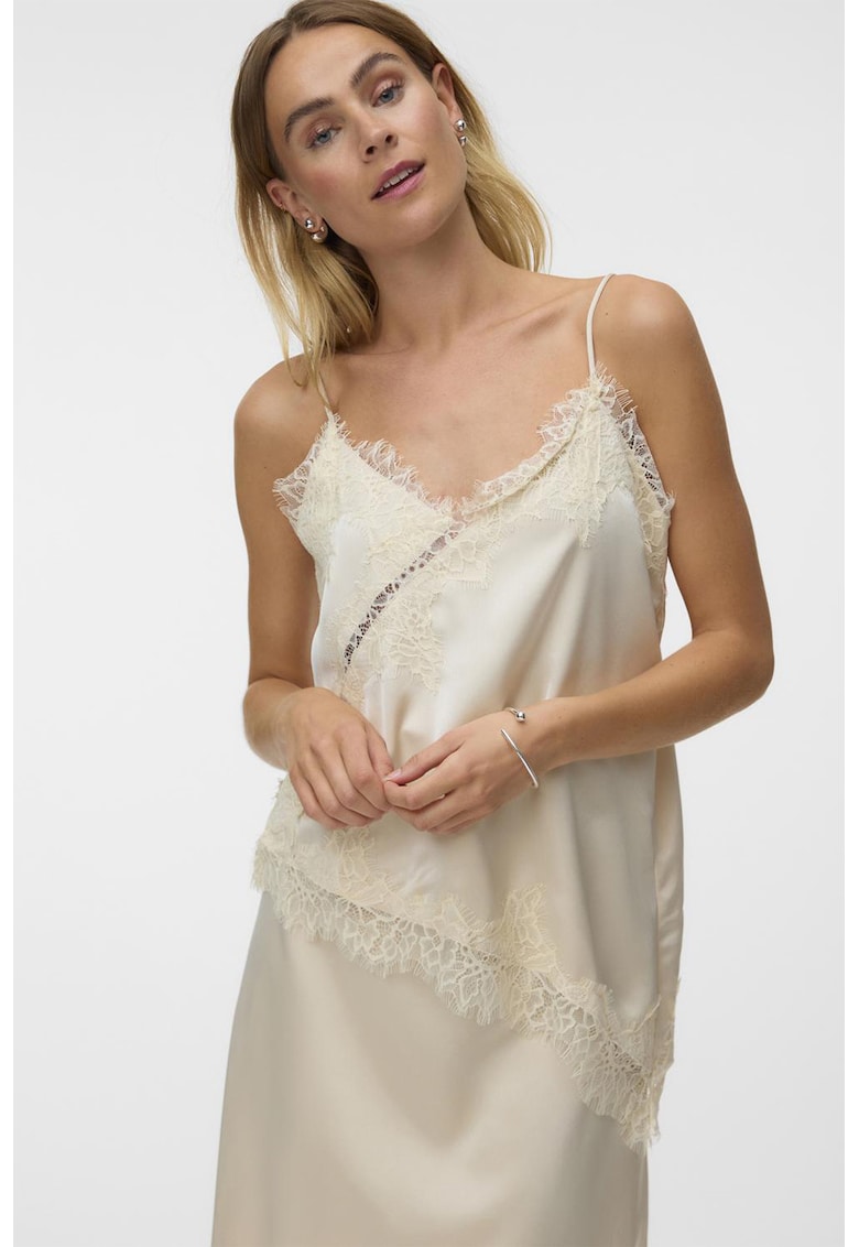 Top asimetric de satin si dantela - Bej deschis