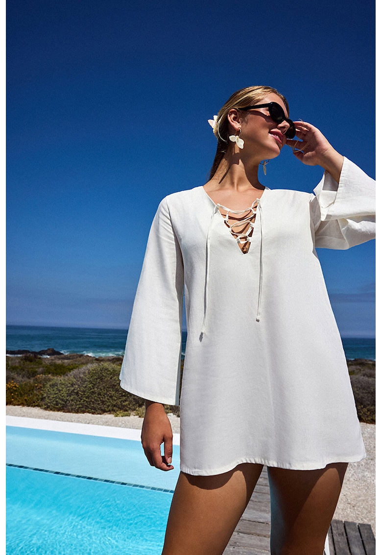 Rochie de plaja - din amestec de in - cu maneci evazate - Alb