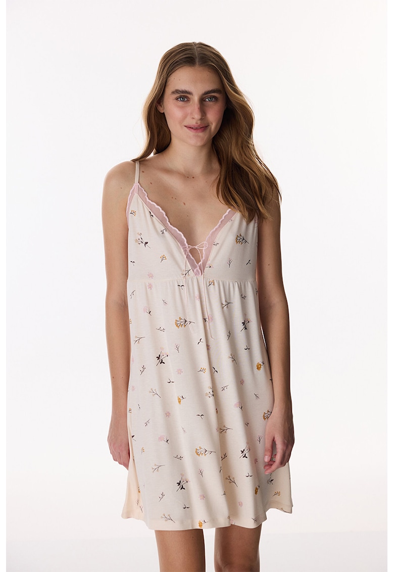 Camasa de noapte cu decolteu in V si model floral - Nude