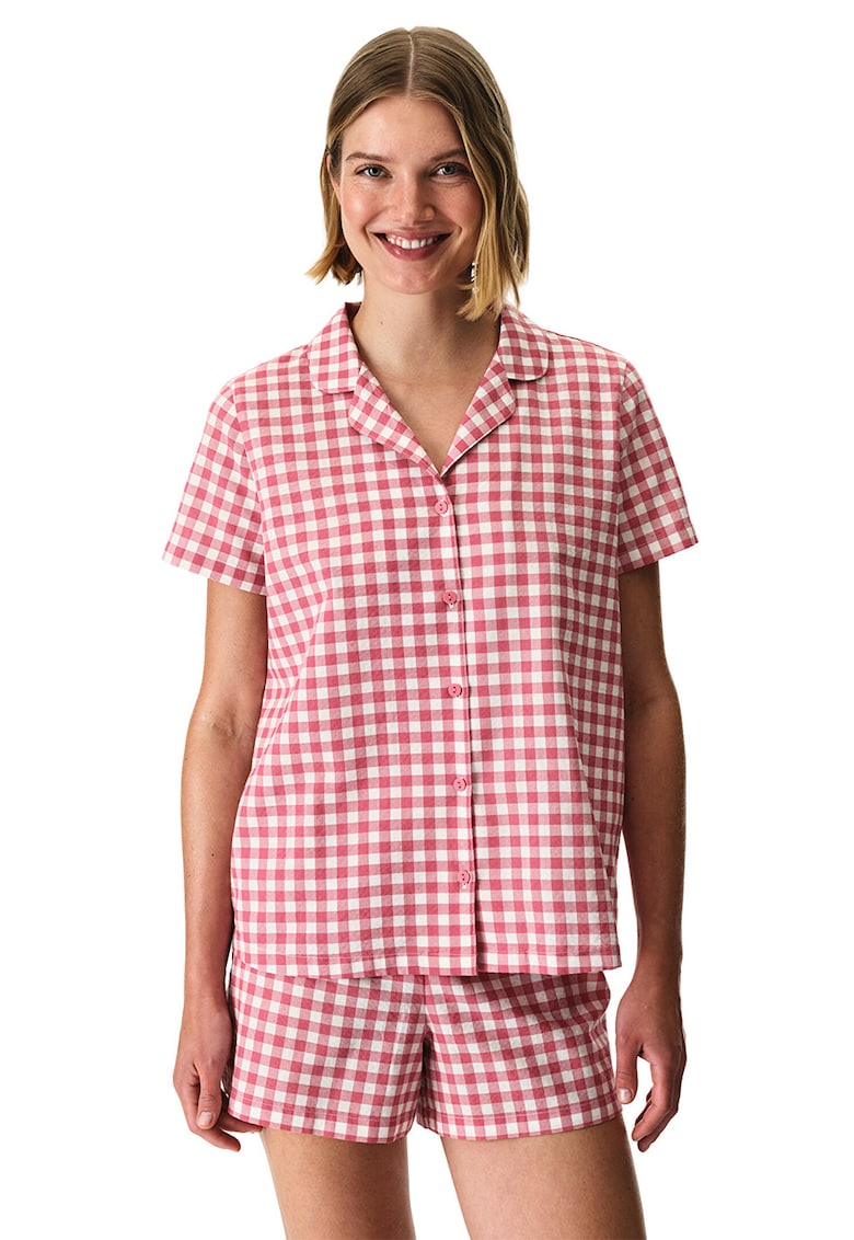 Pijama cu pantaloni scurti si model in carouri - Alb/Roz zmeuriu