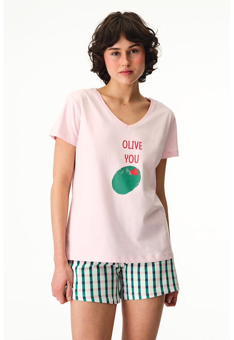Pijama cu pantaloni scurti si decolteu in V - Verde/Roz deschis