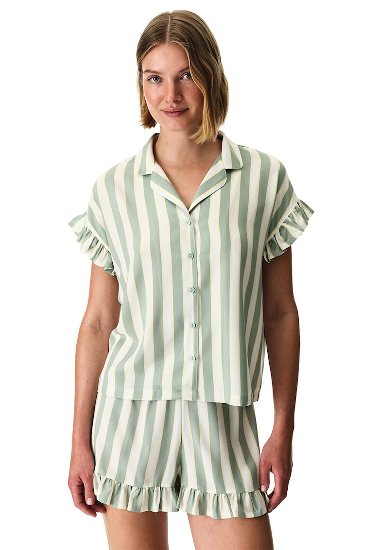 Pijama cu pantaloni scurti cu volane si dungi - Alb/Galben deschis/Verde fistic