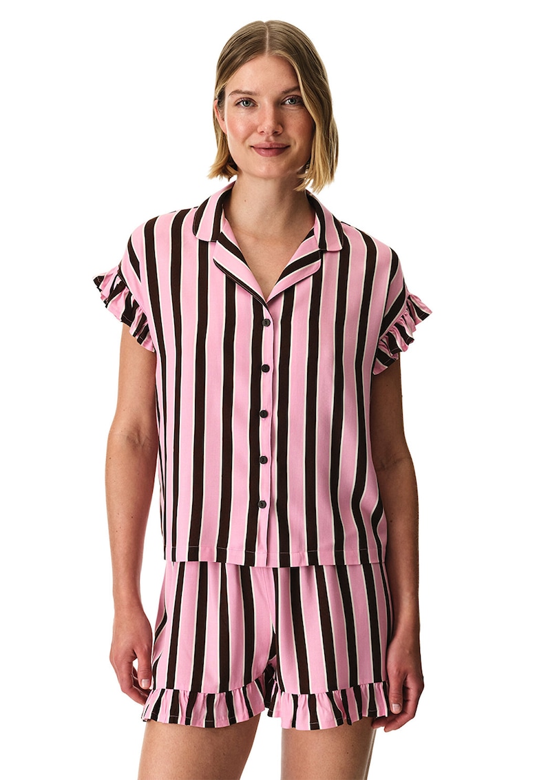 Pijama cu pantaloni scurti si dungi - Alb/Maro inchis/Roz deschis