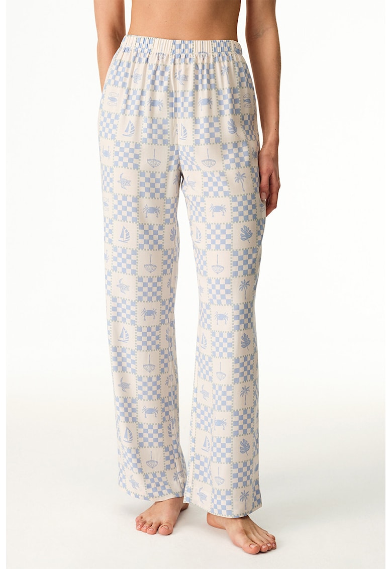 Pantaloni de pijama din bumbac cu model - Alb fildes/Albastru deschis