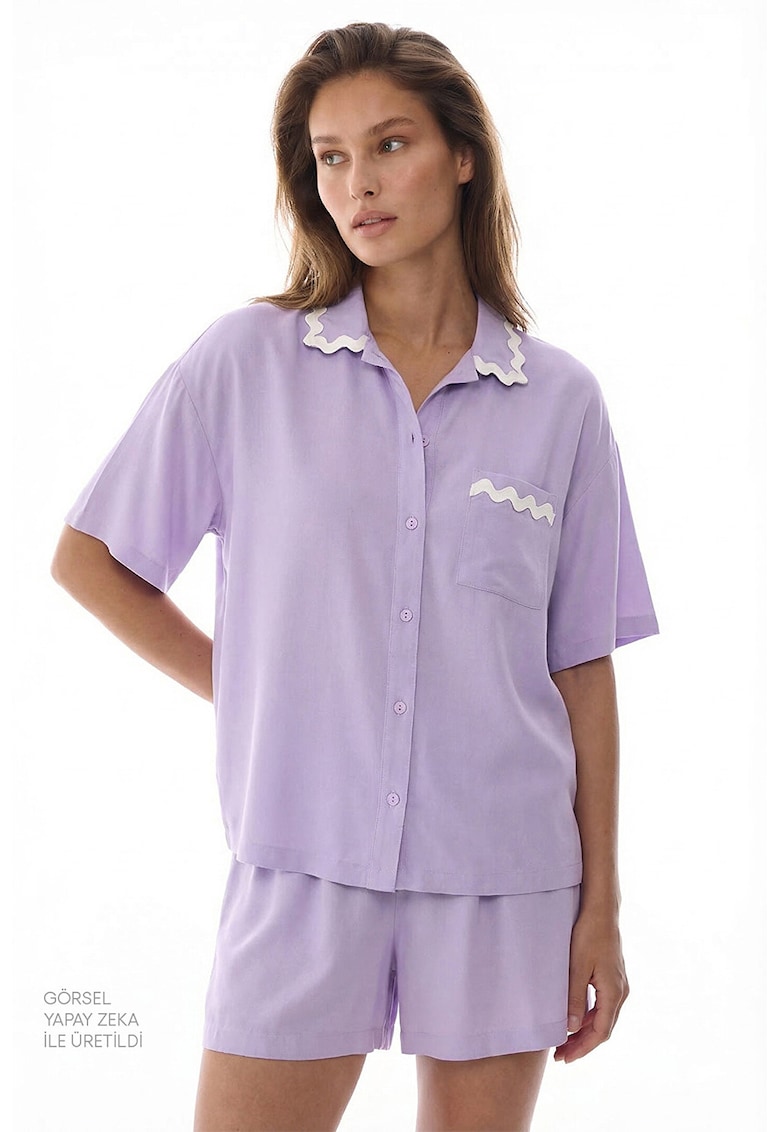 Pijama cu pantaloni scurti si guler - Ametist