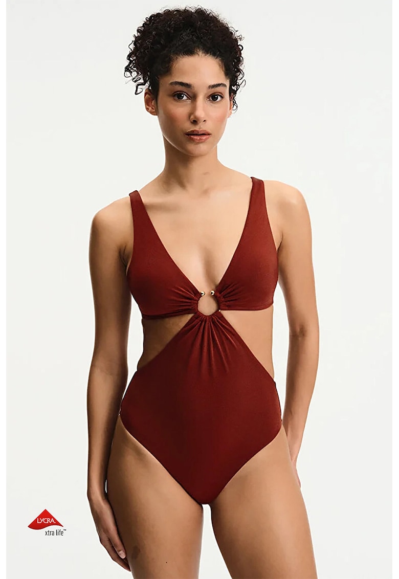 Costum de baie intreg cu detaliu metalic - Maro cognac