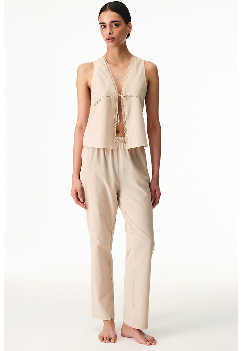 Pijama cu pantaloni lungi si model uni - Bej inchis