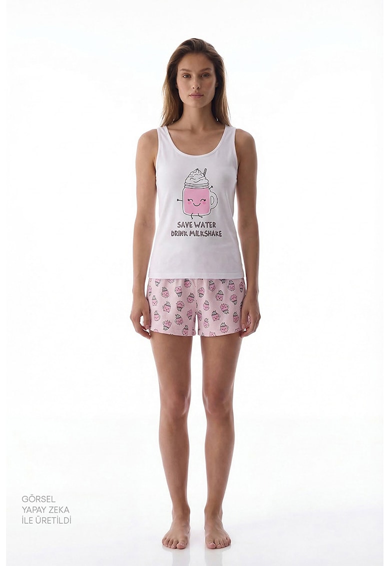 Pijama cu pantaloni scurti si model grafic - Alb/Roz