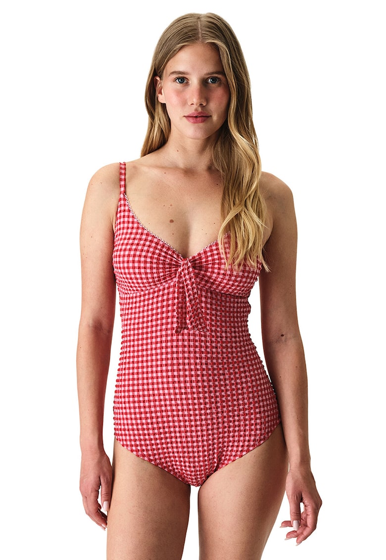 Costum de baie intreg cu model in carouri - Roz zmeuriu/Roz deschis