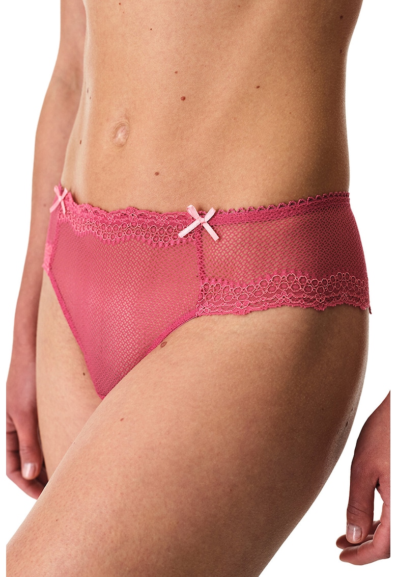 Chiloti de plaja cu garnituri de dantela si funde - Fucsia