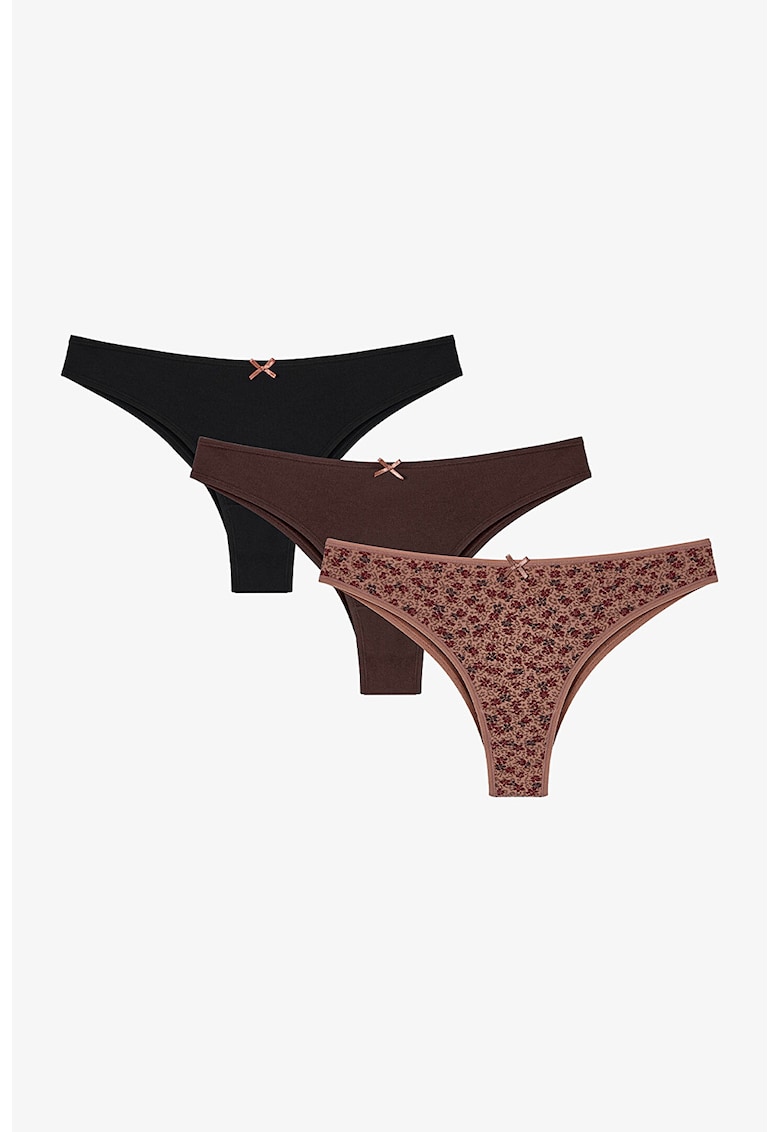 Set de 3 perechi de chiloti din amestec de bumbac - Maro inchis/Negru/Maro deschis