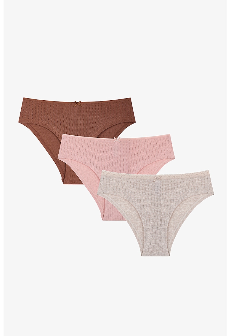 Set de 3 perechi de chiloti cu model cu perforatii - Maro cognac/Roz deschis/Grej