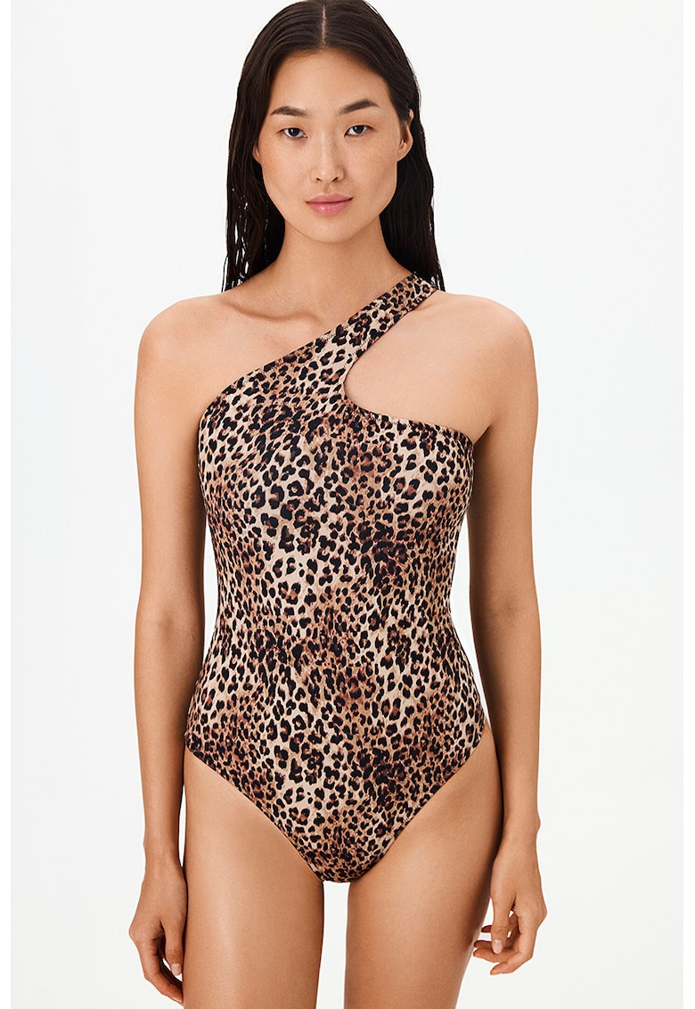 Costum de baie intreg cu model animal print - Negru/Maro deschis