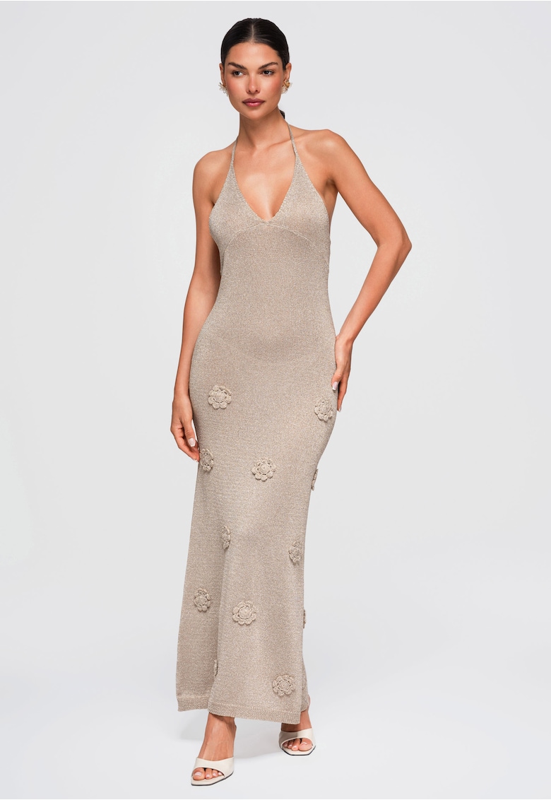 Rochie maxi eleganta de seara cu decolteu V si aplicatii florale OW-DLR-E0004 - Bej