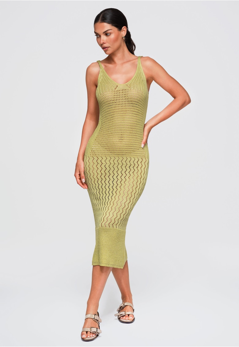 Rochie midi eleganta cu decolteu adanc si detalii OW-DLR-E0002 - Verde