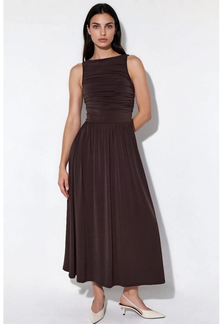 Rochie Maxi - linie A - decolteu barca - maro castaniu - elegant - fara maneci - 95% poliester/5% elastan