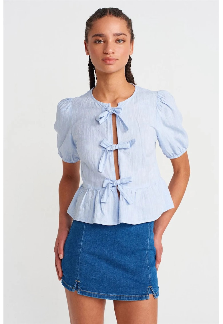 Fusta mini - talie inalta - croiala in A - denim albastru mediu - bumbac/elastan