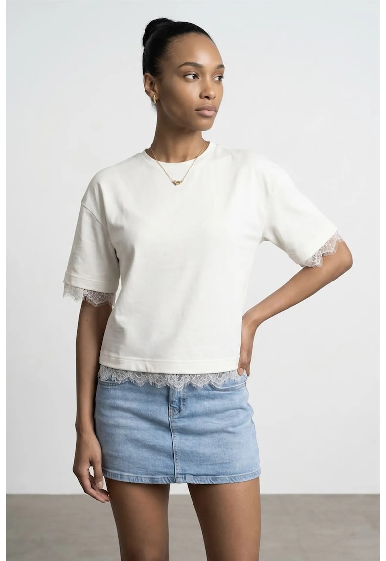 Tricou pentru Femei - Maneca Scurta - Croiala Regular - Crem Natural - Bumbac Elastan