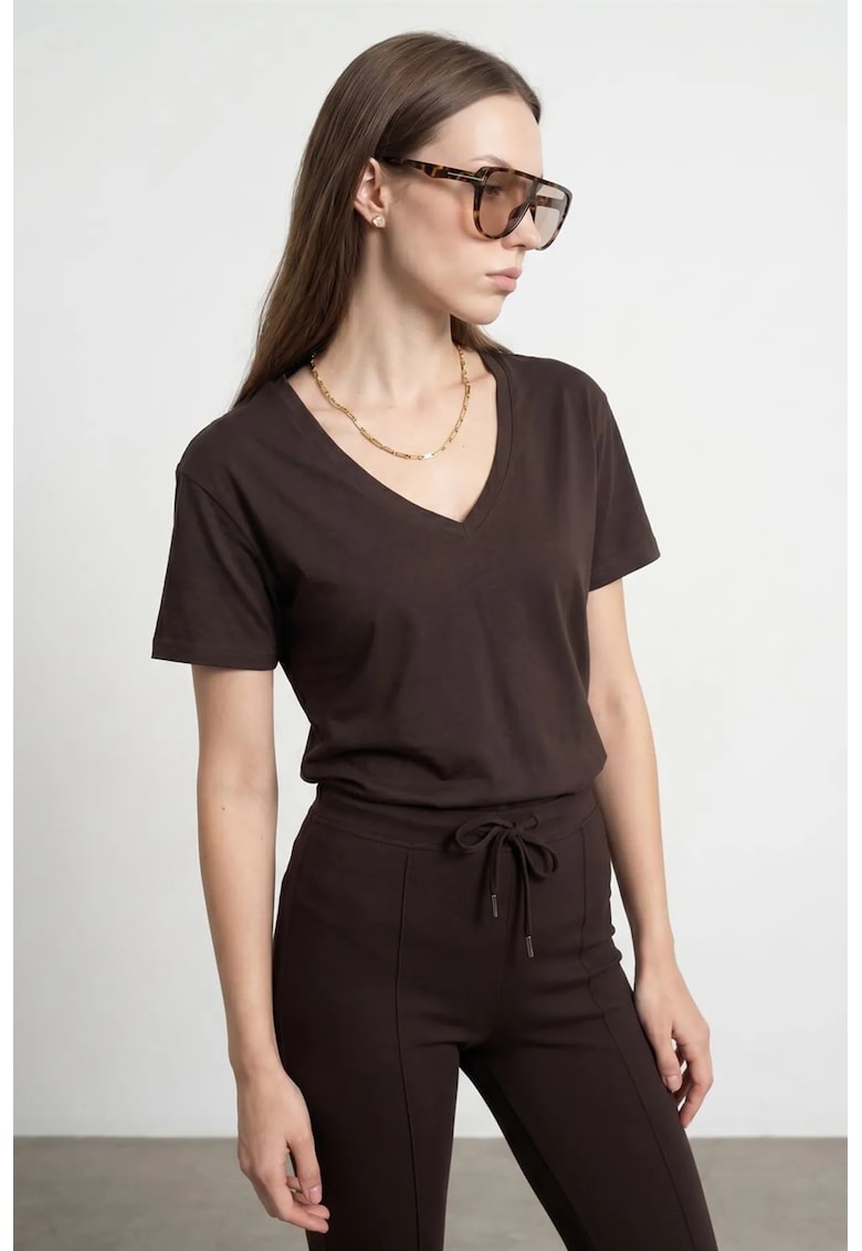 Bluza dama - Bluza din bumbac Tencel - decolteu in V - maneca scurta - maro cafea - casual
