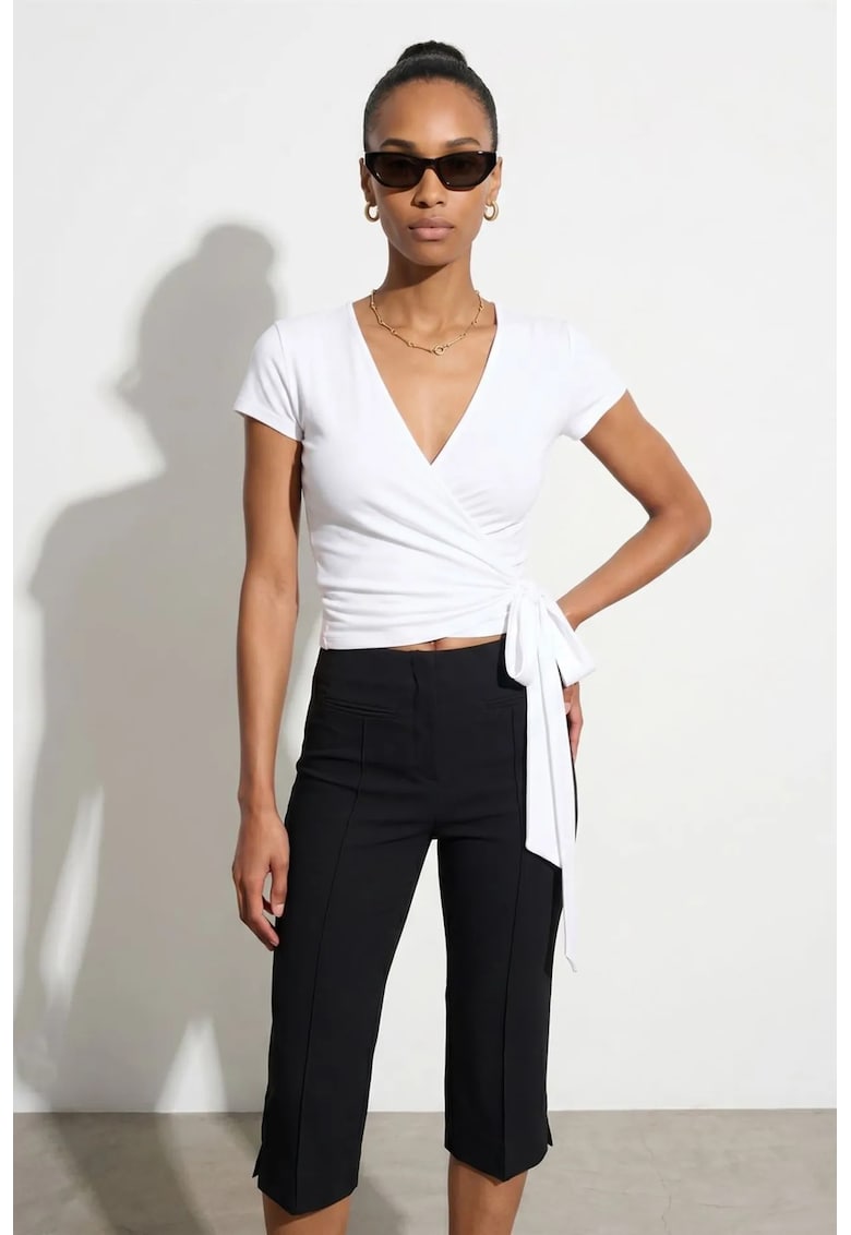 Bluza dama - Bluza Crop Wrap - detalii cu snur - alb - 47% modal - 46% bumbac - 7% elastan