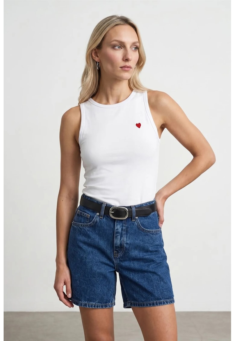 Bluza dama - brodata - slim-fit - alb - bumbac-elastan