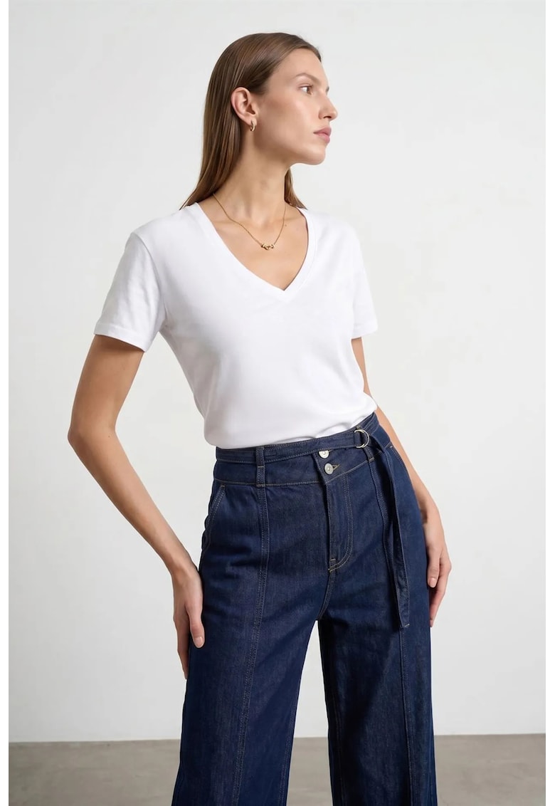 Bluza dama - regular fit - decolteu in V - maneca scurta - Alb - bumbac Tencel
