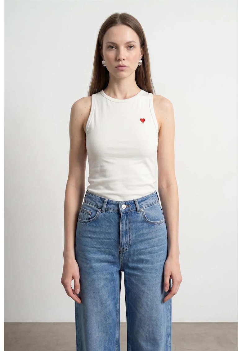 Bluza dama - bluza din jerseu brodata - slim-fit - alb prafuit - bumbac-elastan