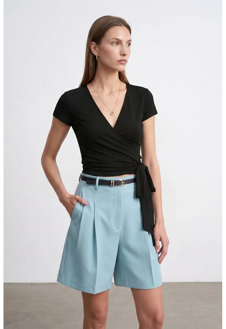 Bluza dama - bluza scurta - negru - casual - detalii cu snur - 47% modal - 46% bumbac - 7% elastan