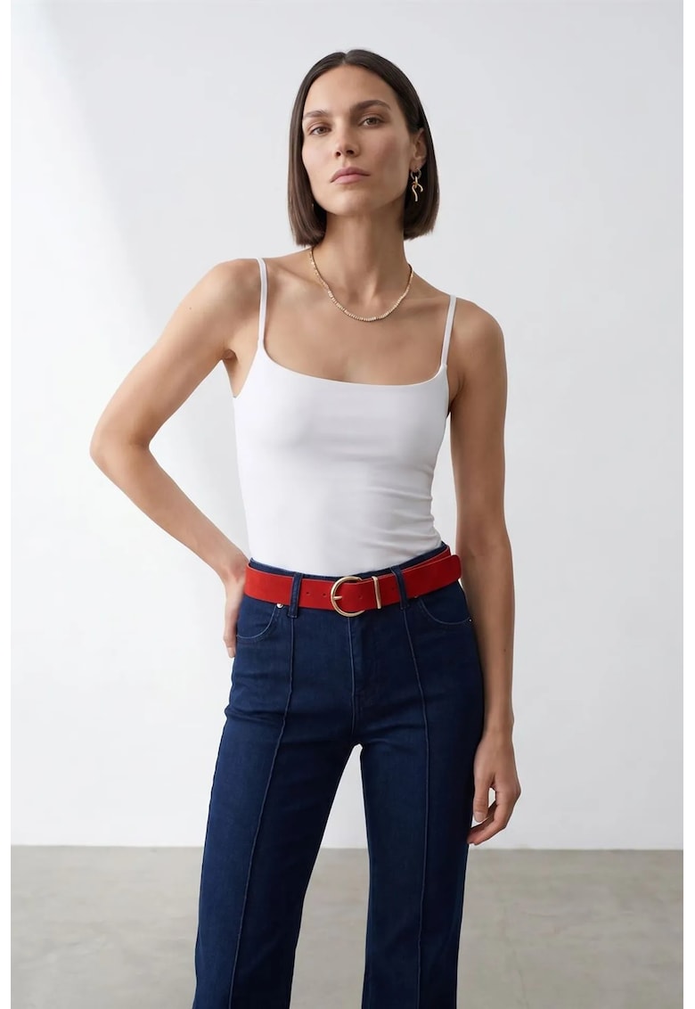 Bluza dama - slim fit - decolteu patrat - alb - tricot subtire