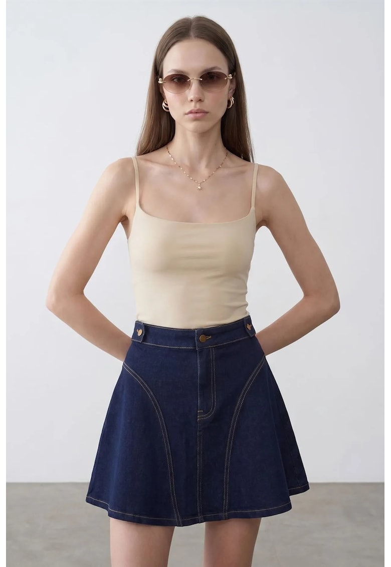Bluza dama - slim fit - decolteu patrat - bej natural - tricot subtire