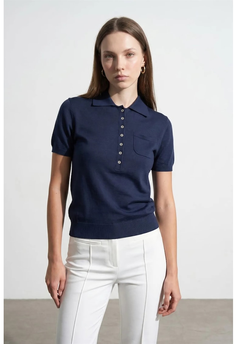 Bluza dama - slim fit - bleumarin - bumbac si Tencel - maneci scurte - guler polo -