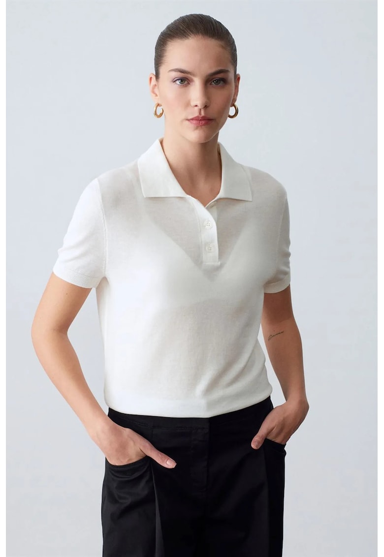 Bluza dama regular fit - guler polo - alb - tricot din amestec de tencel si bumbac -