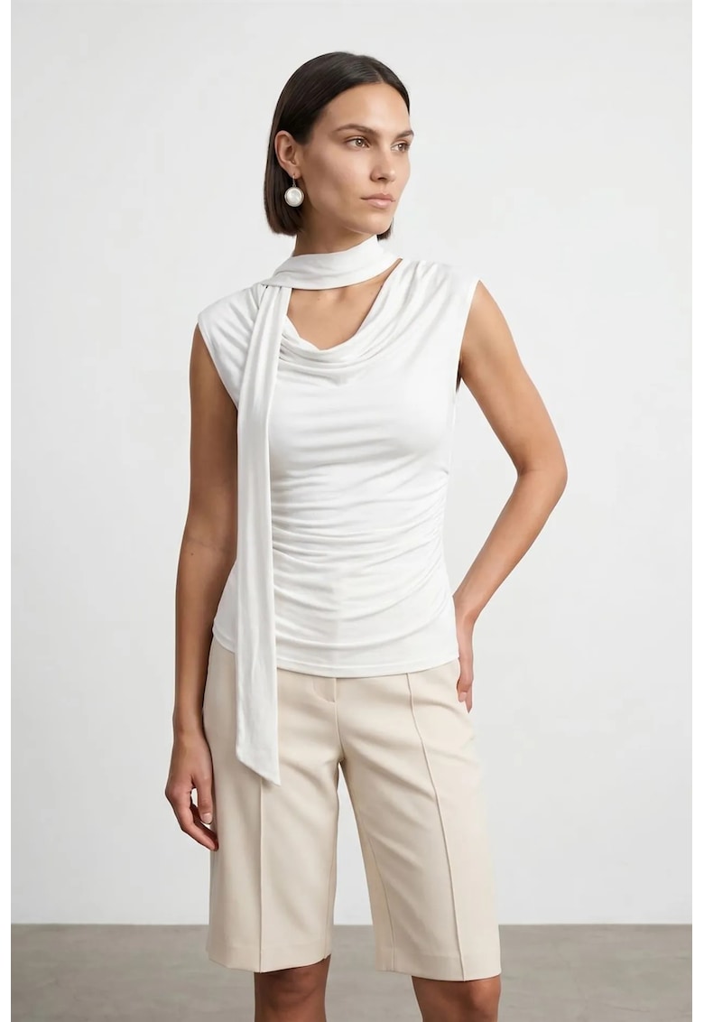 Bluza dama - bluza din jerseu fara maneci - drapaj - alb prafuit - viscoza-elastan