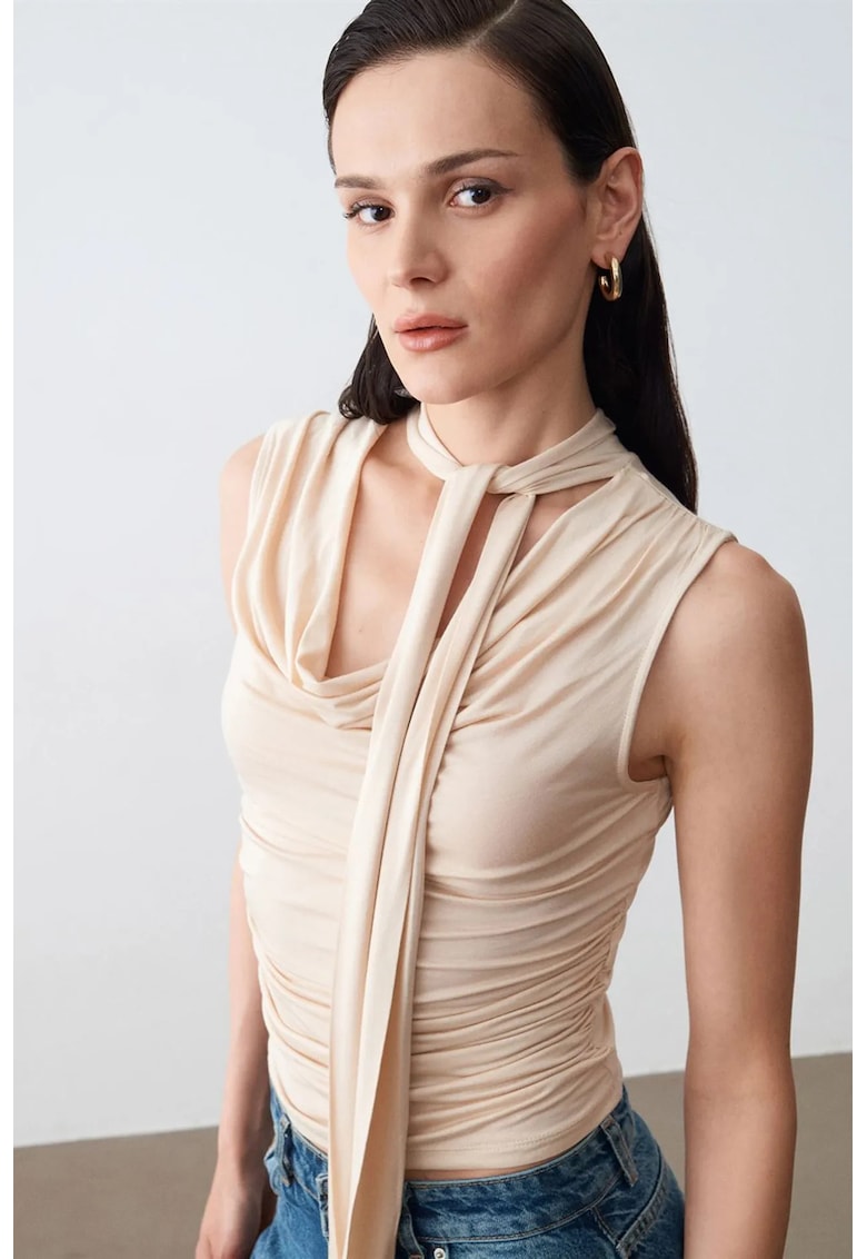 Bluza dama - bluza fara maneci - drapaj - bej natural - jerseu