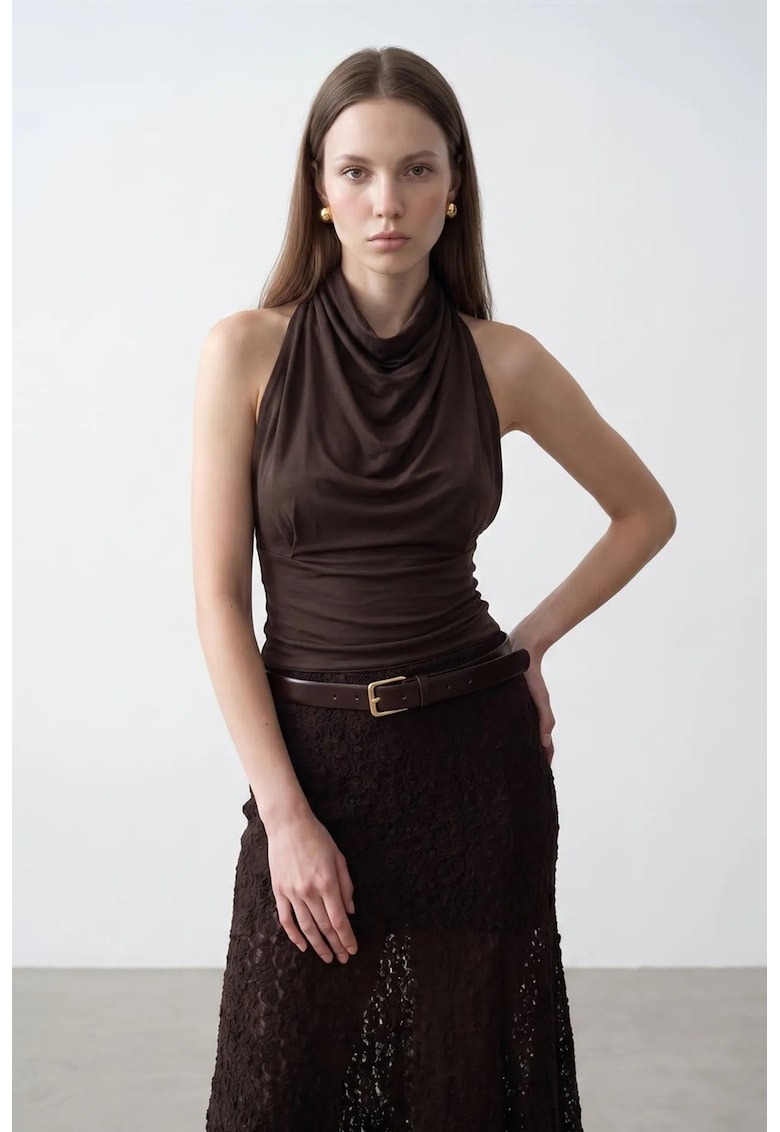 Bluza dama - mulata fara maneci - drapaj - maro - lyocell