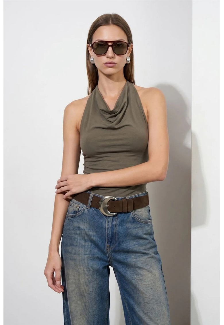Bluza dama - fara maneci - drapaj - verde kaki - tencel