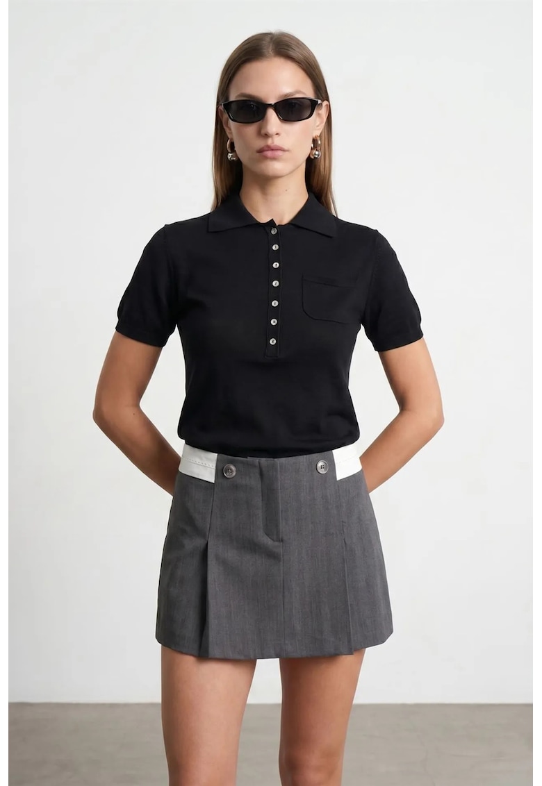 Bluza dama - slim fit - guler polo - negru - bumbac si Tencel -