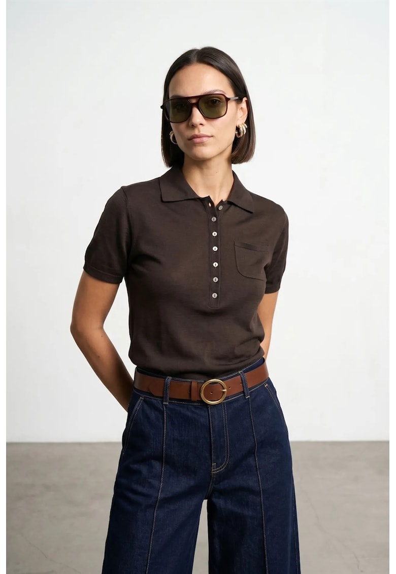 Bluza dama - slim fit - guler polo - maro - bumbac si Tencel -