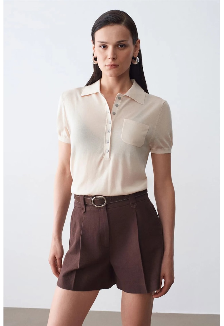 Bluze dama - Bluza tricotata Slim Fit - guler polo - crem - casual -