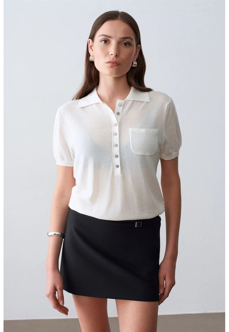 Bluza dama - slim fit - guler polo - alb - bumbac si Tencel -