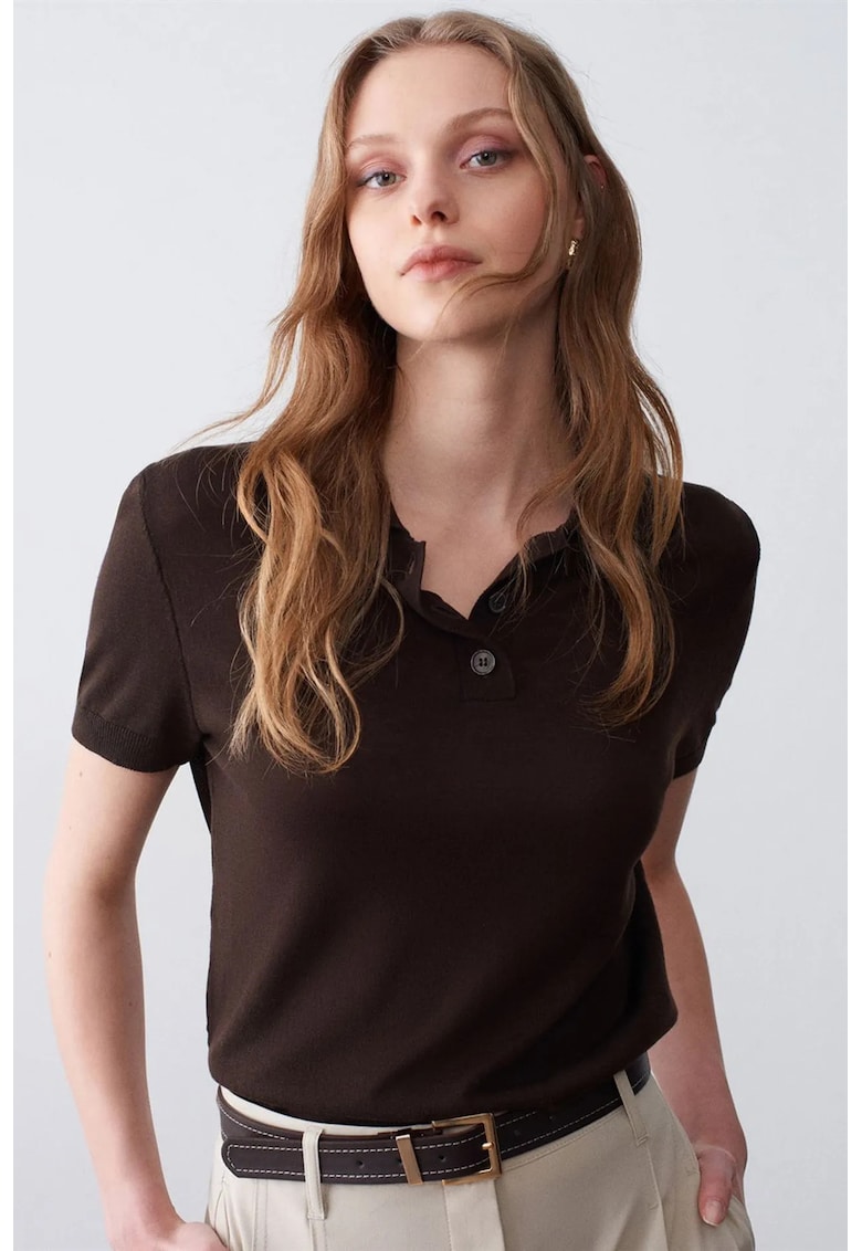 Bluza dama casual - guler polo - maneci scurte - maro - tricot Tencel si bumbac -
