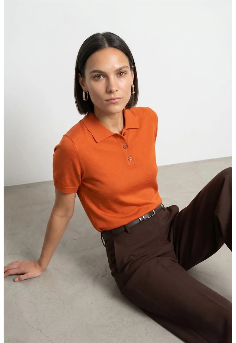 Bluza dama casual - guler polo - portocalie - tricot Tencel si bumbac -