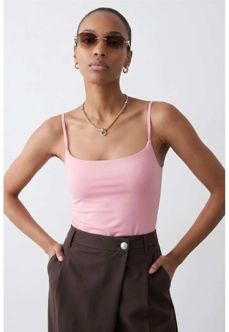 Bluza dama - slim fit - decolteu patrat - roz pudrat - tricot subtire