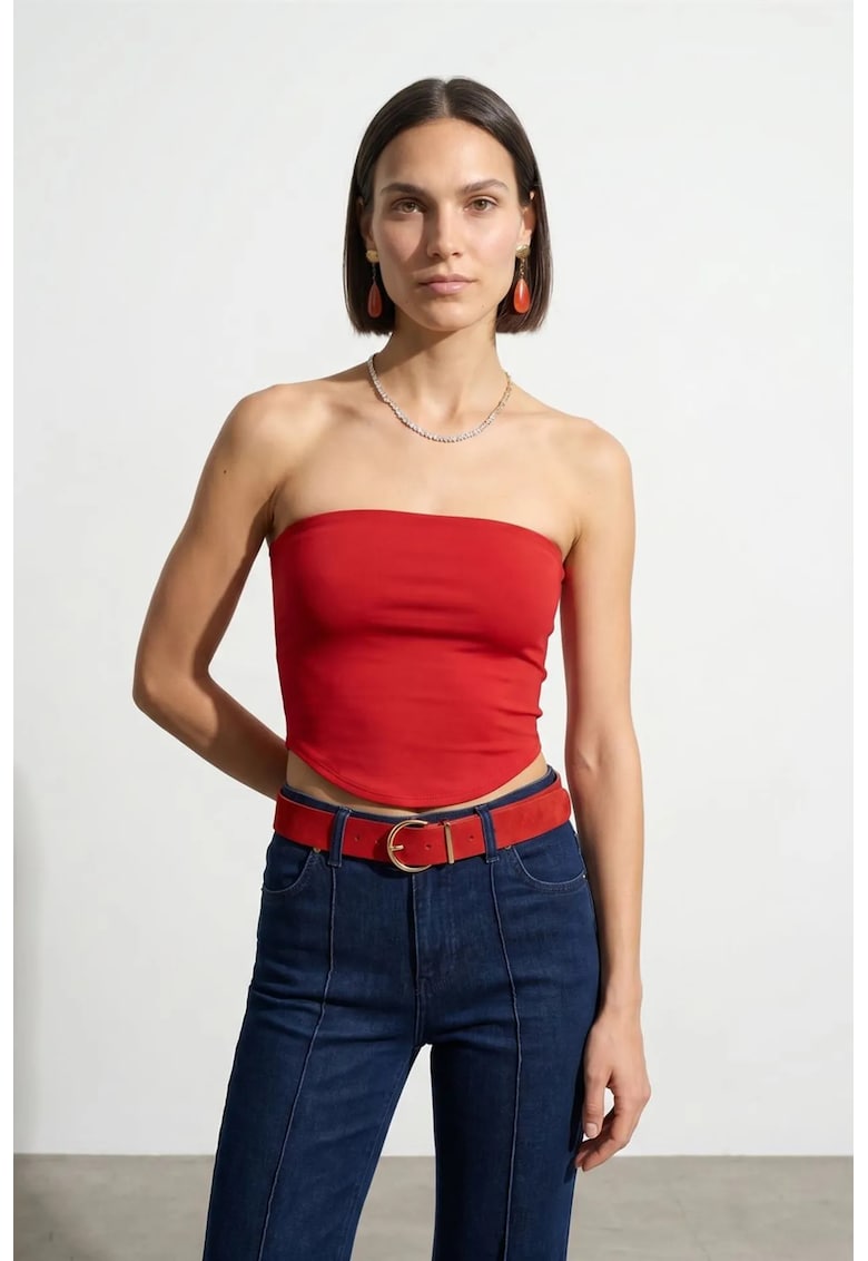Top Bandeau Crop Femei Elastic - Rosu - Casual