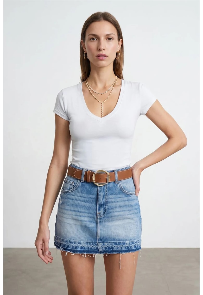Bluza dama - bluza din jerseu slim fit - decolteu in V - alb - elastic