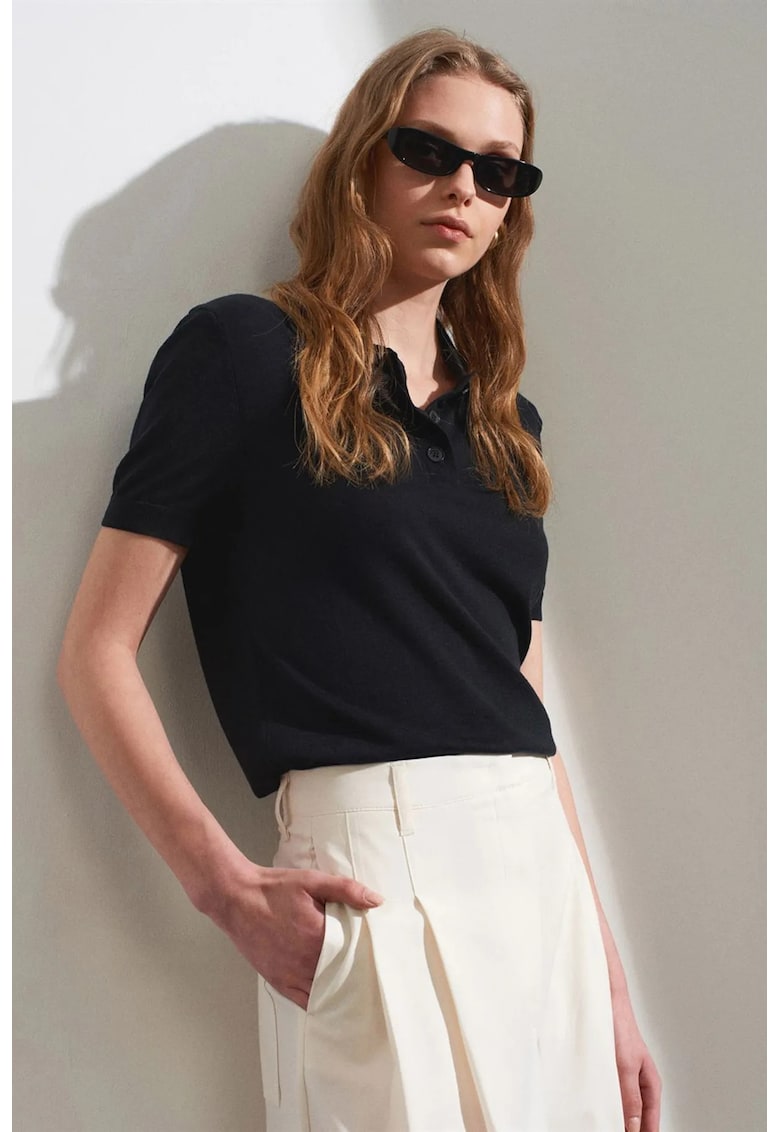 Bluza dama guler polo - maneci scurte - negru - tricot Tencel si bumbac -