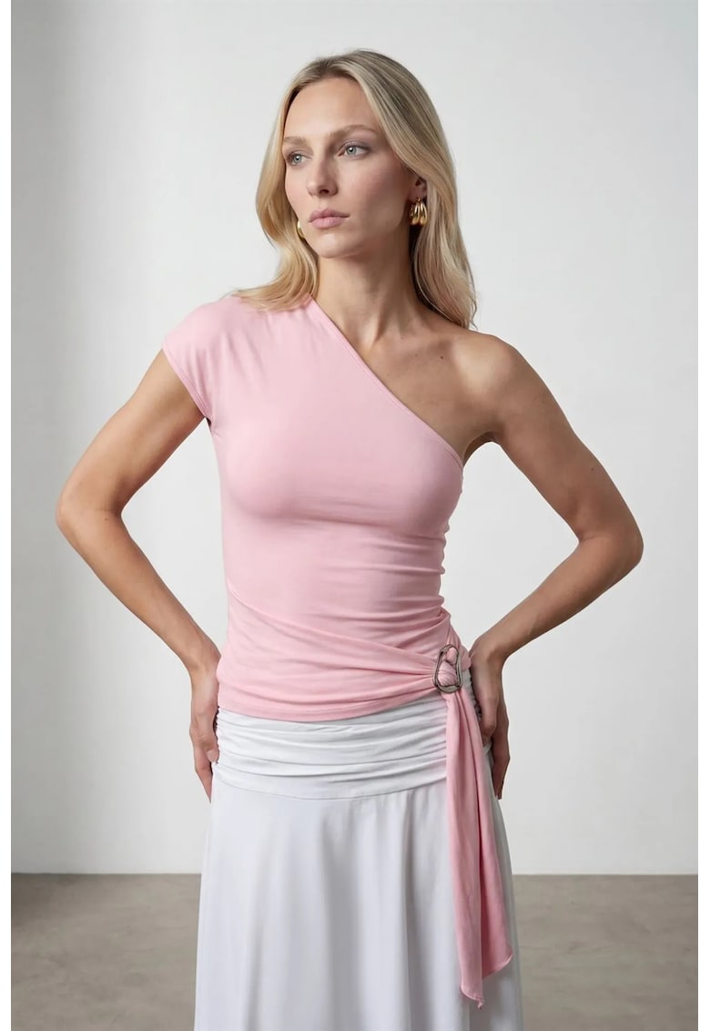Bluza dama - slim fit - decolteu asimetric - roz pudrat - amestec lyocell-bumbac-elastan